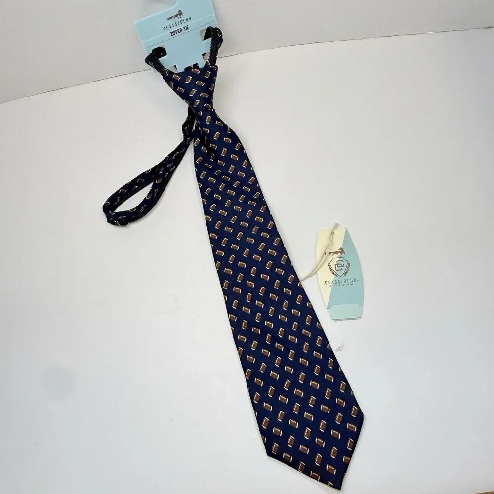 Class Club Boys Navy Blue W/Brown Football Print 100% Silk Zipper Neck Tie New